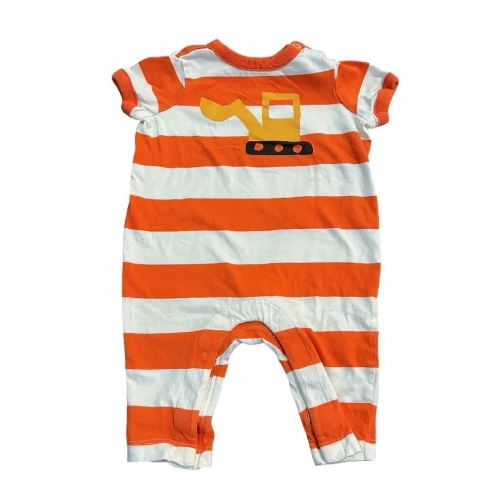 Hanna Andersson Orange and White Excavator Baby Romper, Size 3-6‎ mo.